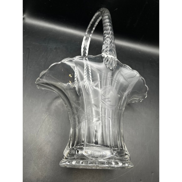 Vtg Duncan & Miller Crystal Bride Basket Handle Etched Rose Pattern 11.5" - Picture 7 of 9